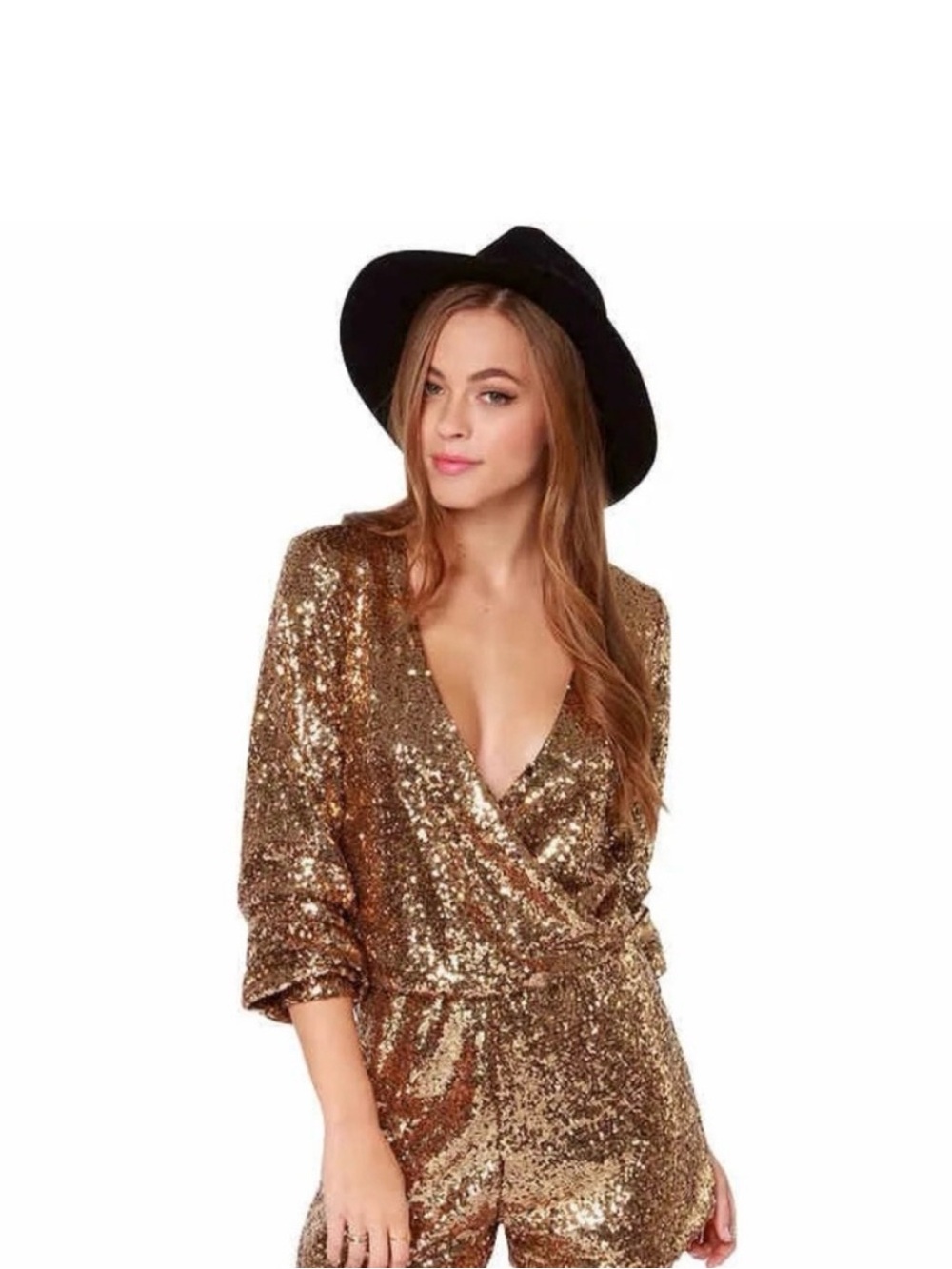 Gold Sequin Wrap Romper - Picture 6 of 7